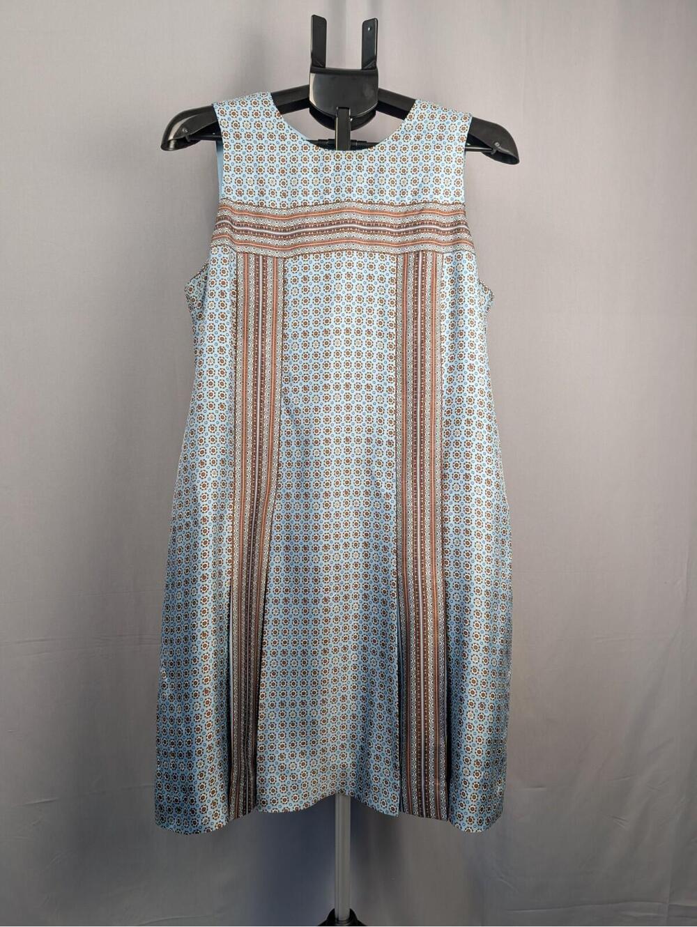 J. Crew Silk Shift Dress Size 12 Blue Brown Boho Print Pleated Career